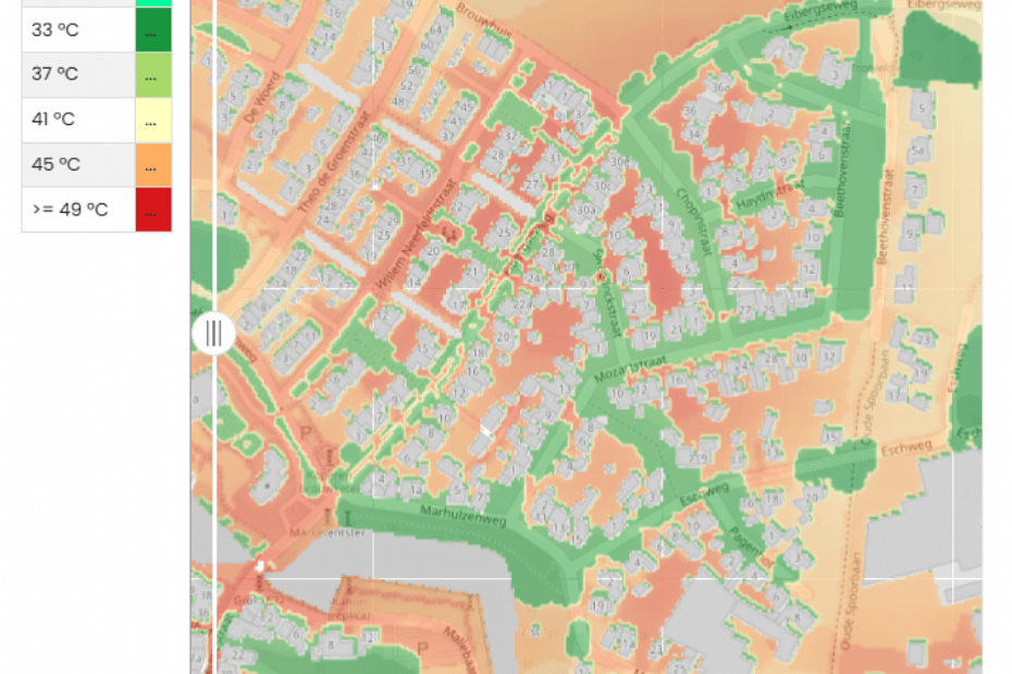 Een overzicht van de huidige situatie over 50 jaar, van de gevoelstemperatuur in de wijk Oosteres.
