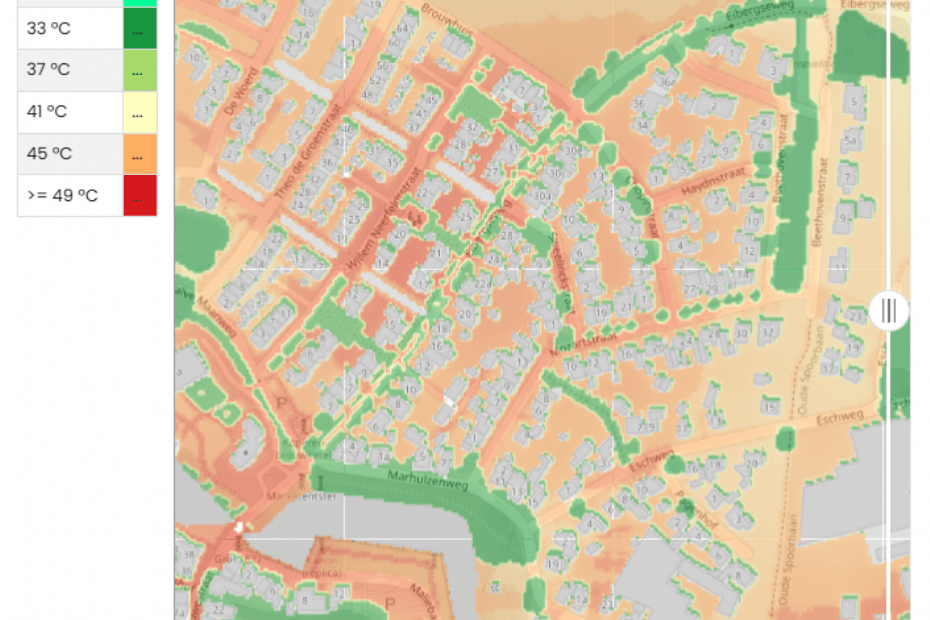 Een overzicht van de nieuwe situatie over 50 jaar, van de gevoelstemperatuur in de wijk Oosteres.
